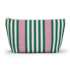 Emerald Green Pink Striped makeup bag with T-bottom and gold zipper pull, front view