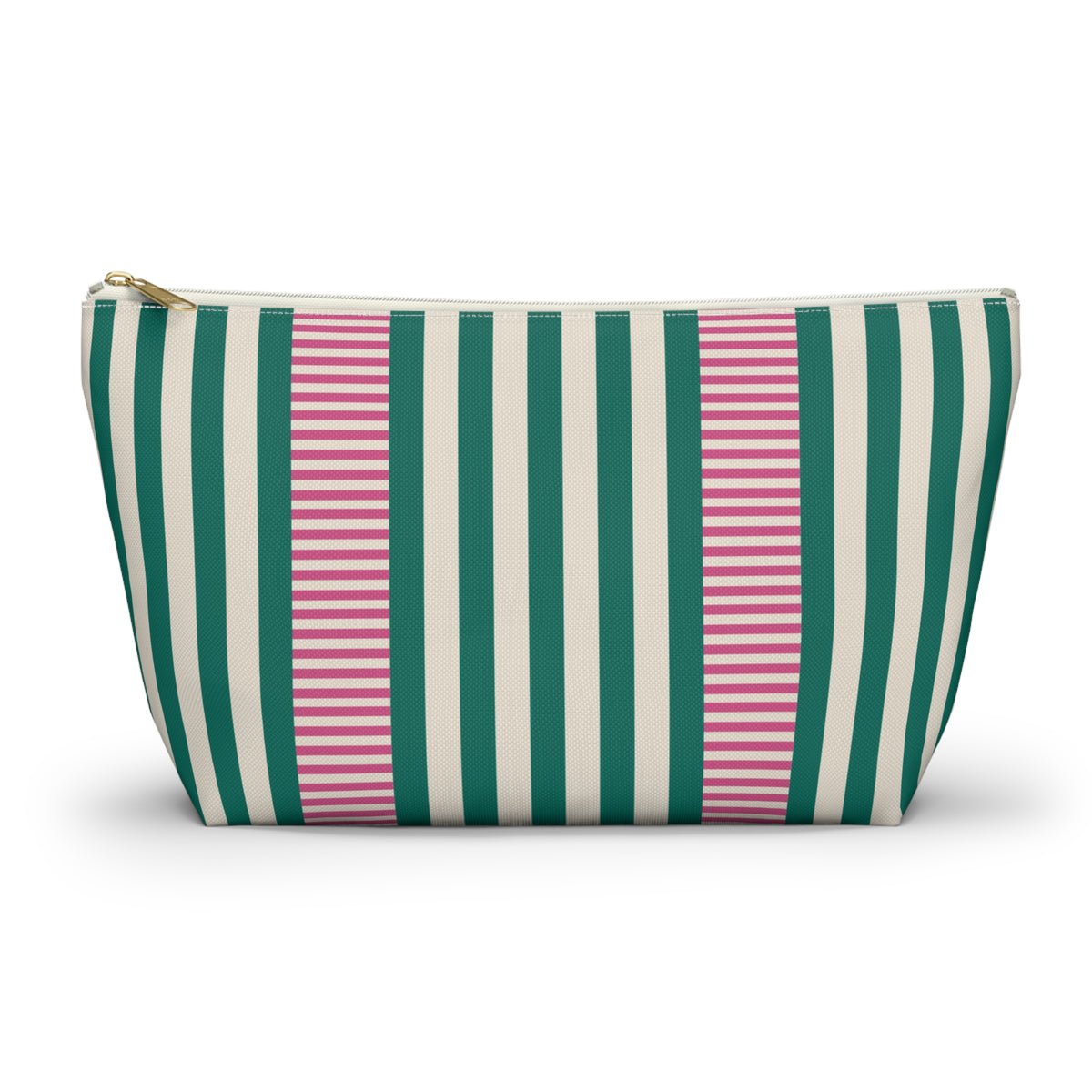 Emerald Green Pink Striped makeup bag with T-bottom and gold zipper pull, front view