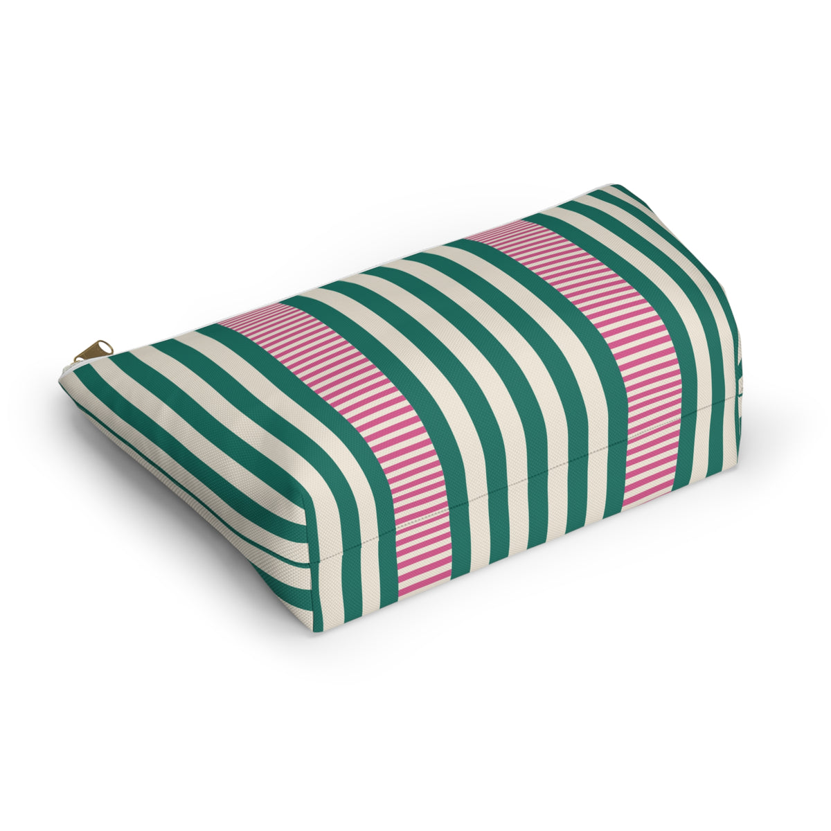 Angled view of the striped makeup bag lying on its side