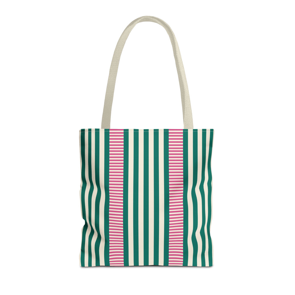 Emerald Green Pink Striped tote bag with beige handles, front view on white