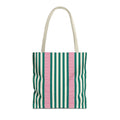 Emerald Green Pink Striped tote bag with beige handles, front view on white