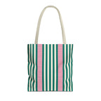 Emerald Green Pink Striped tote bag with beige handles, front view on white