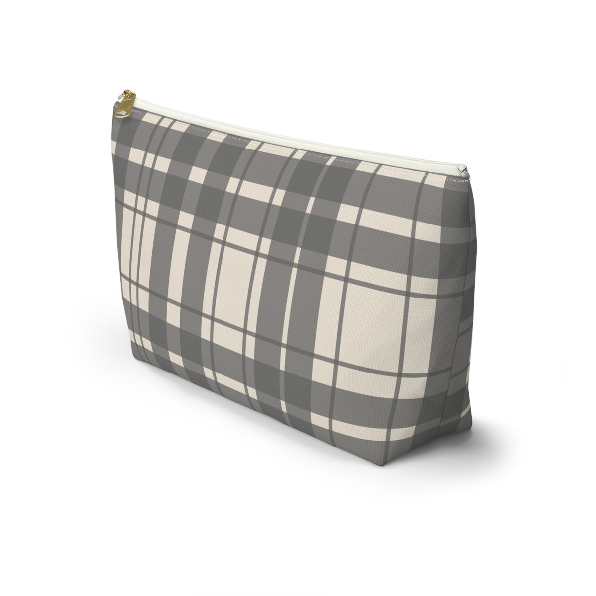 Side view of the gray cream plaid makeup bag