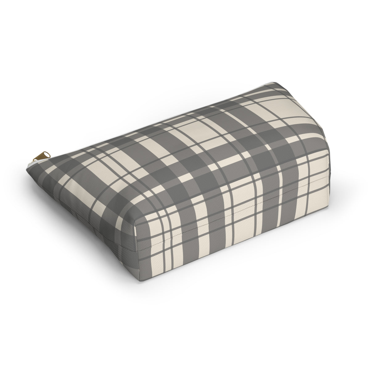 Gray cream plaid makeup bag lying flat at an angle