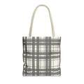 Gray cream plaid tote bag with beige handles on a white background