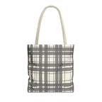 Gray cream plaid tote bag with beige handles on a white background