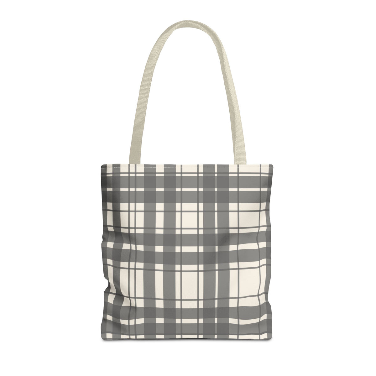 Gray cream plaid tote bag with beige handles on a white background