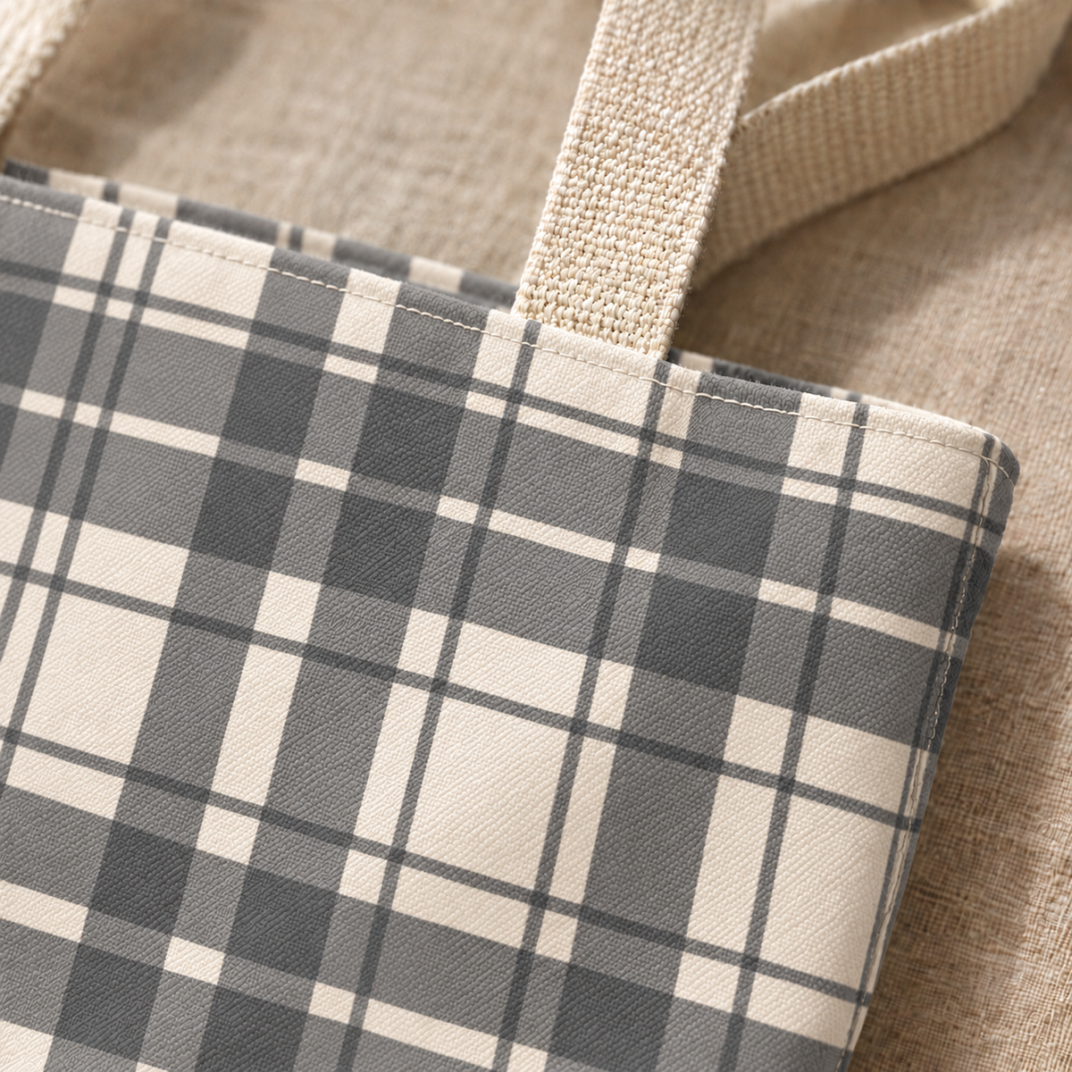 Close-up of the gray and cream plaid print and the beige handle of the tote bag