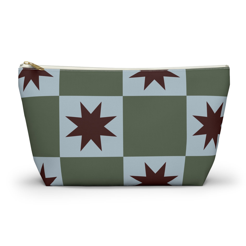 Green blue star checkered makeup bag with gold zipper pull, front view