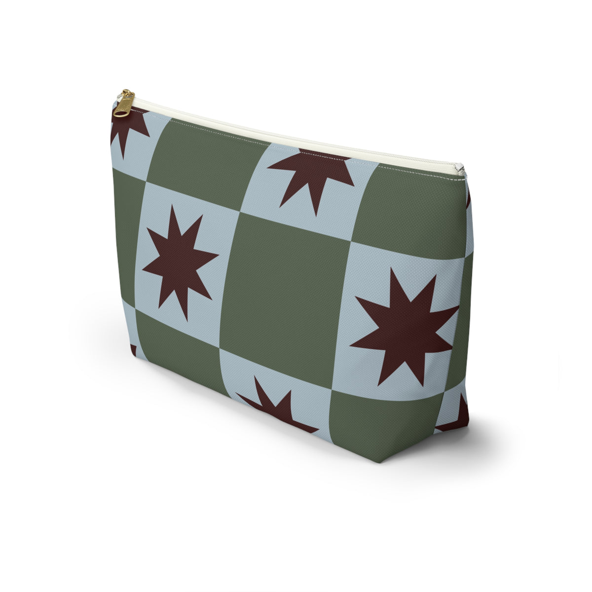 Side view of the green blue star checkered makeup bag with flat T-shaped bottom