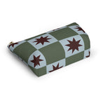 Green blue star checkered makeup bag lying on its side in an angled view