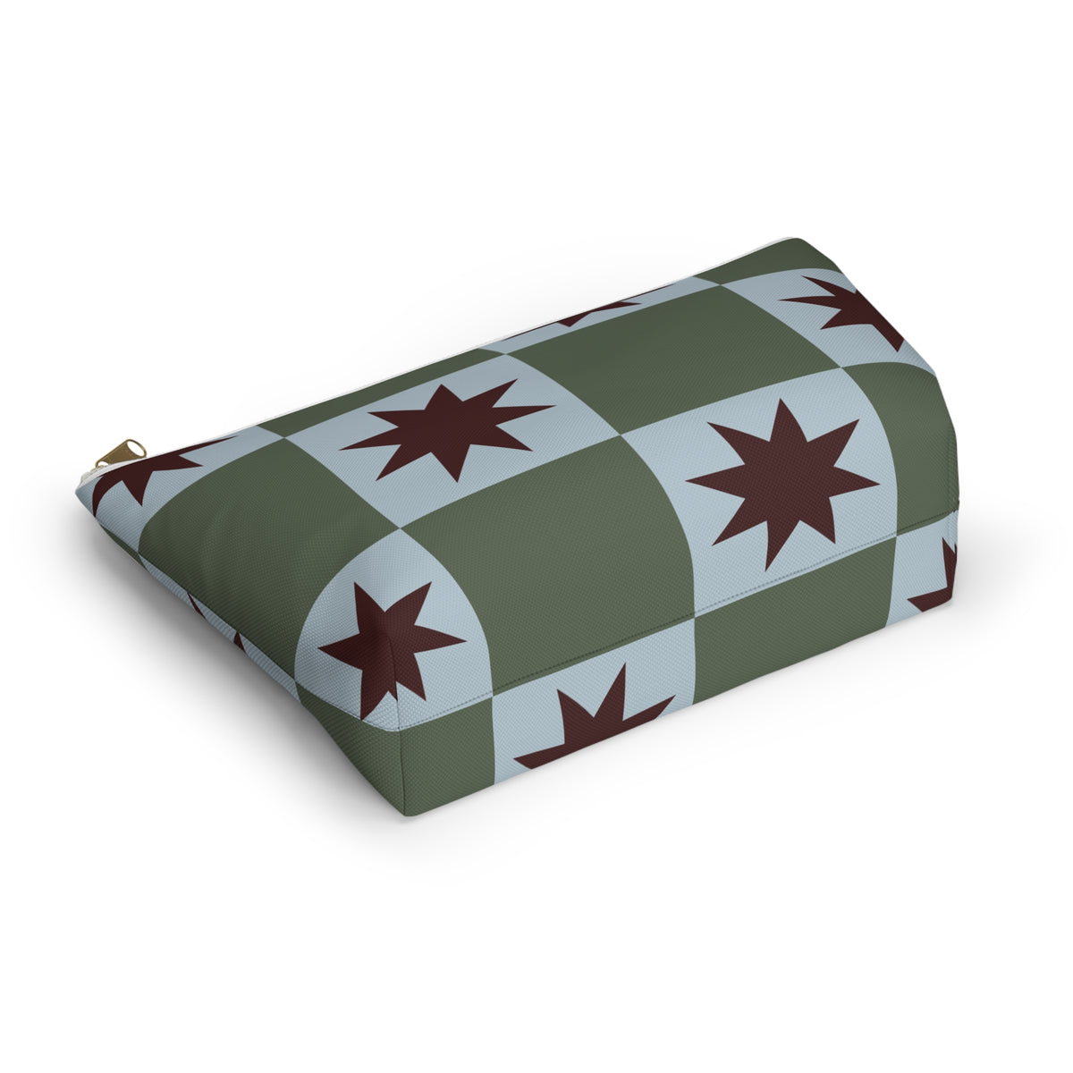 Green blue star checkered makeup bag lying on its side in an angled view