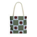 Green blue star checkered tote bag with beige handles, front view on white background