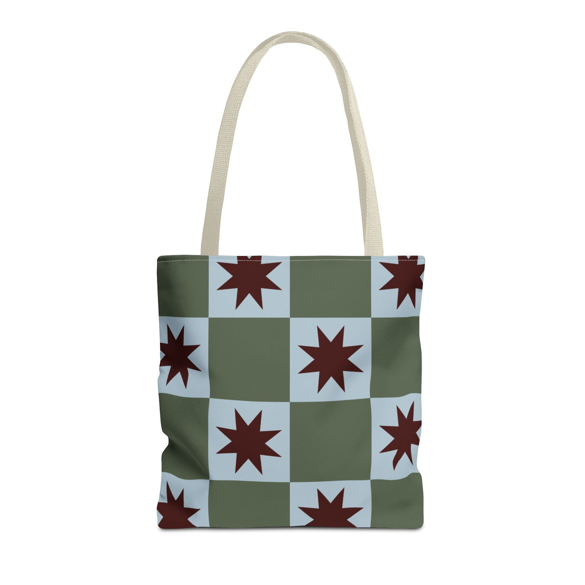 Green blue star checkered tote bag with beige handles, front view on white background