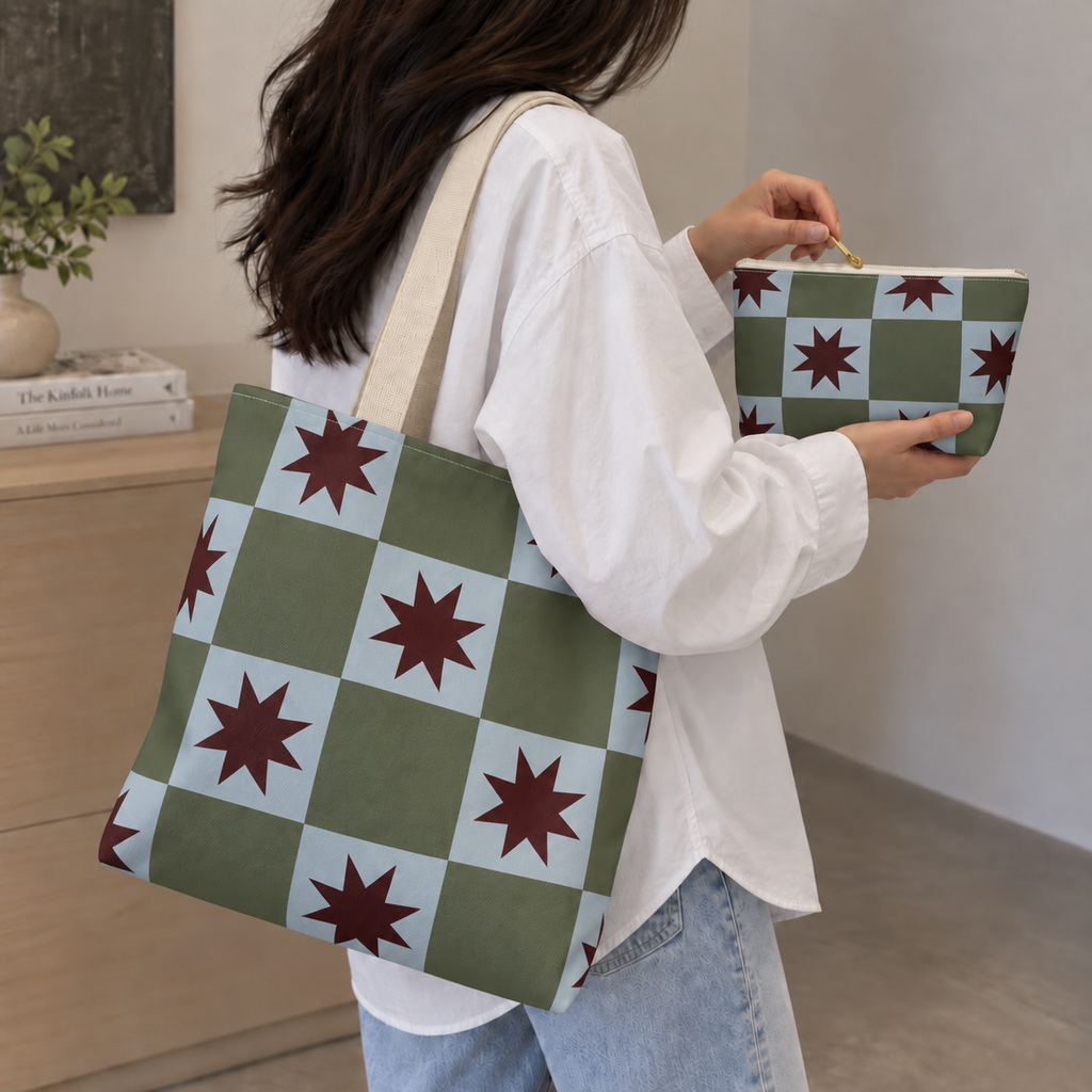 Woman in a white shirt carrying the green blue star checkered tote bag with the matching makeup bag