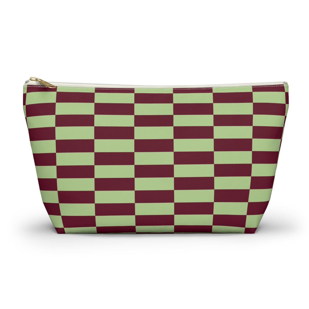 Green burgundy checkered makeup bag front view on white background