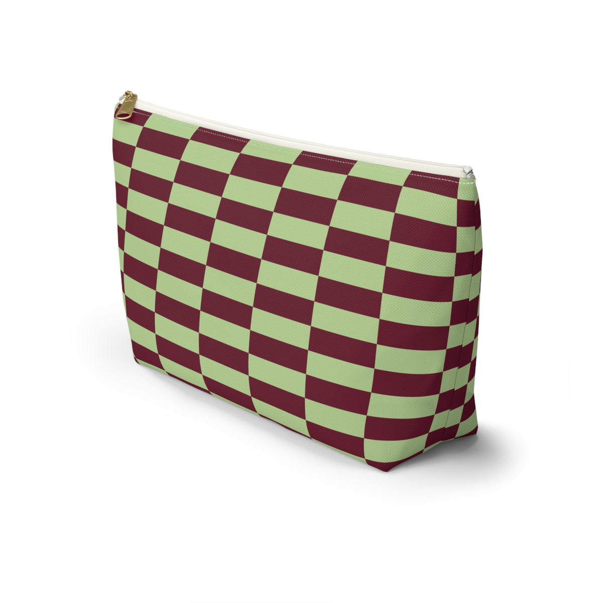 Side view of the green burgundy checkered makeup bag with T-shaped bottom