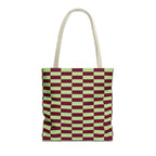 Green burgundy checkered tote bag front view on white background