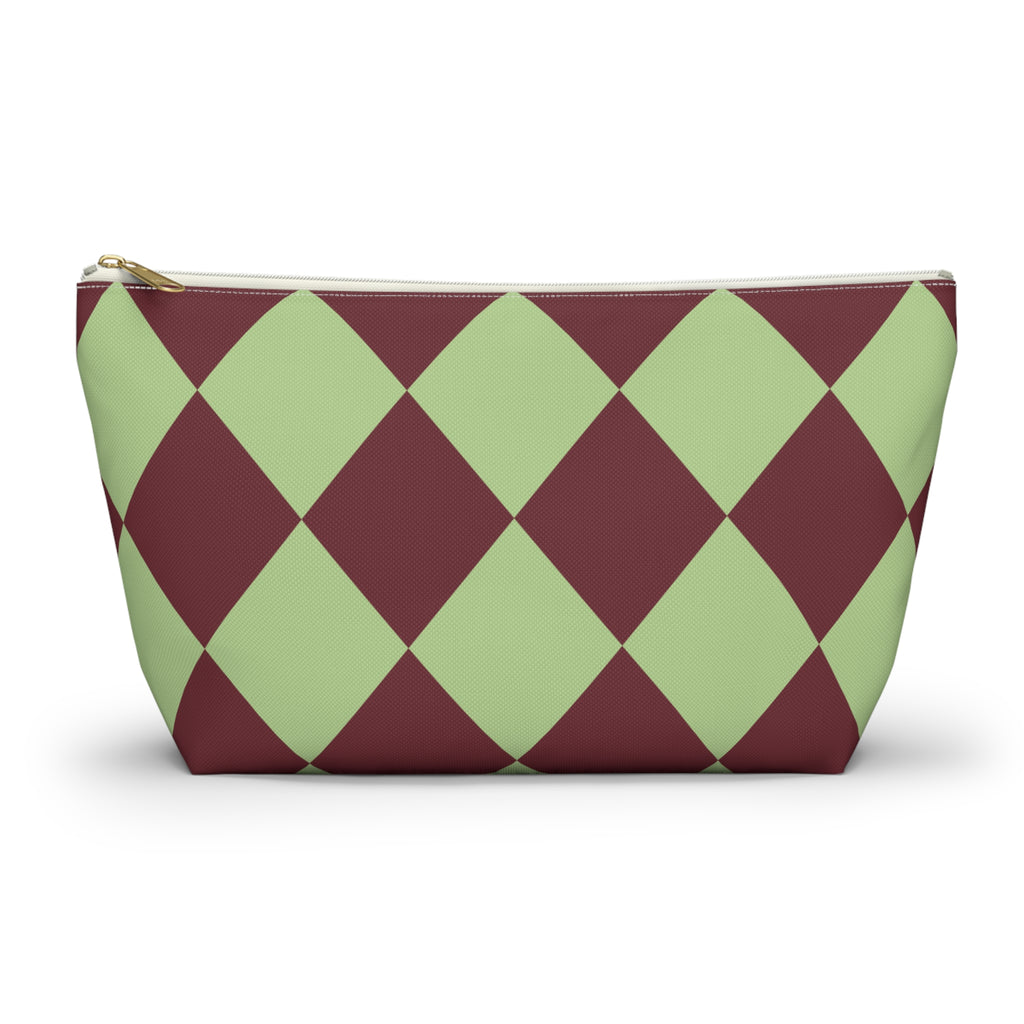 Green burgundy diamond checkered makeup bag with T-bottom, front view on white