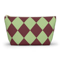 Green burgundy diamond checkered makeup bag with T-bottom, front view on white