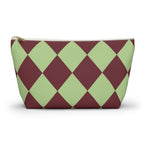 Green burgundy diamond checkered makeup bag with T-bottom, front view on white
