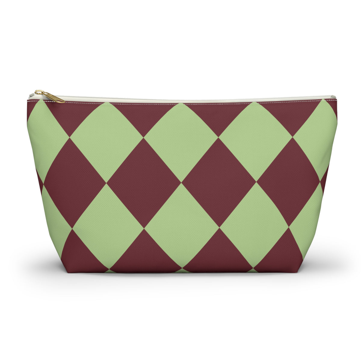 Green burgundy diamond checkered makeup bag with T-bottom, front view on white