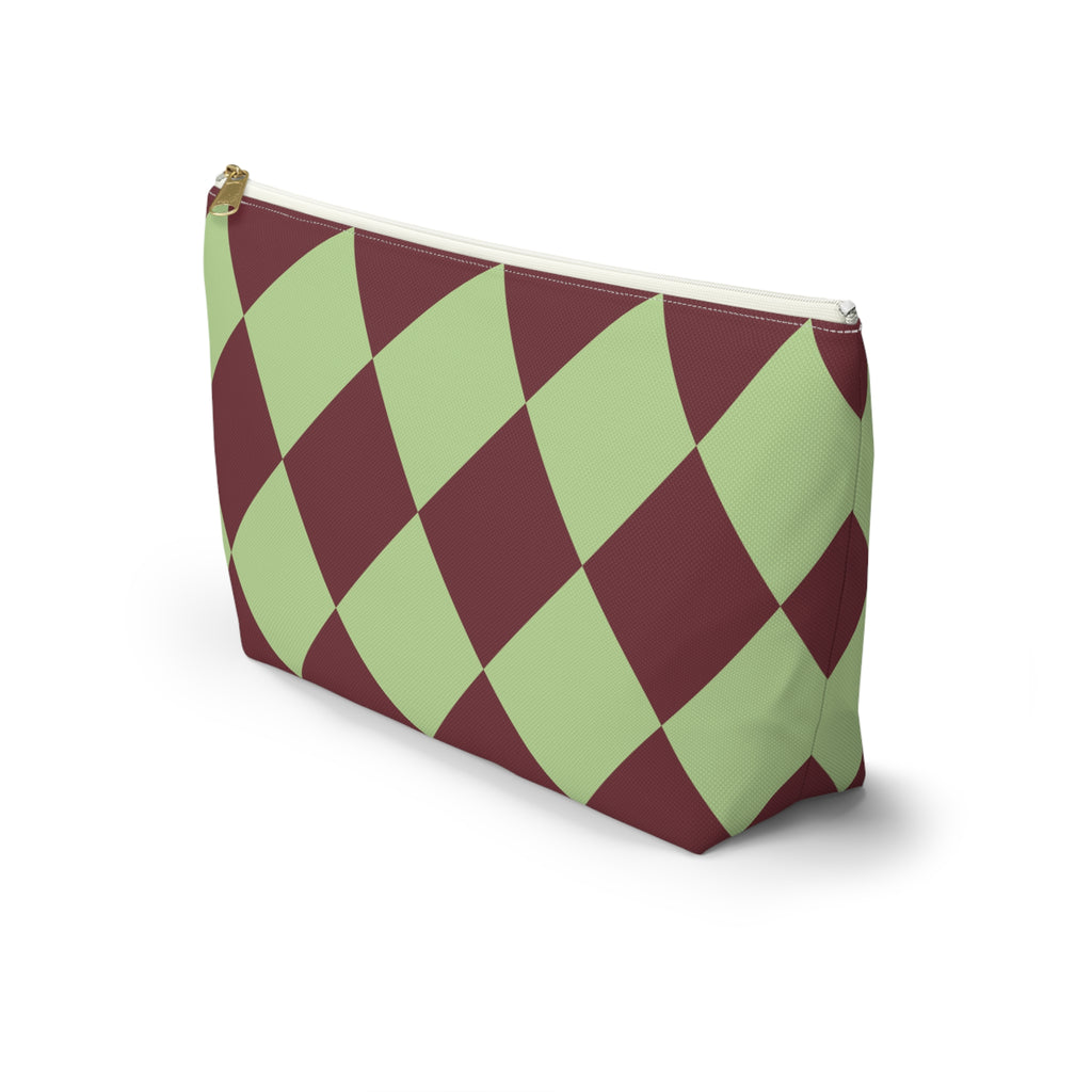 Green burgundy diamond checkered makeup bag standing at an angle