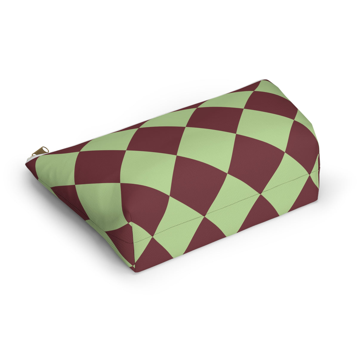Side view of the green burgundy diamond checkered makeup bag lying down