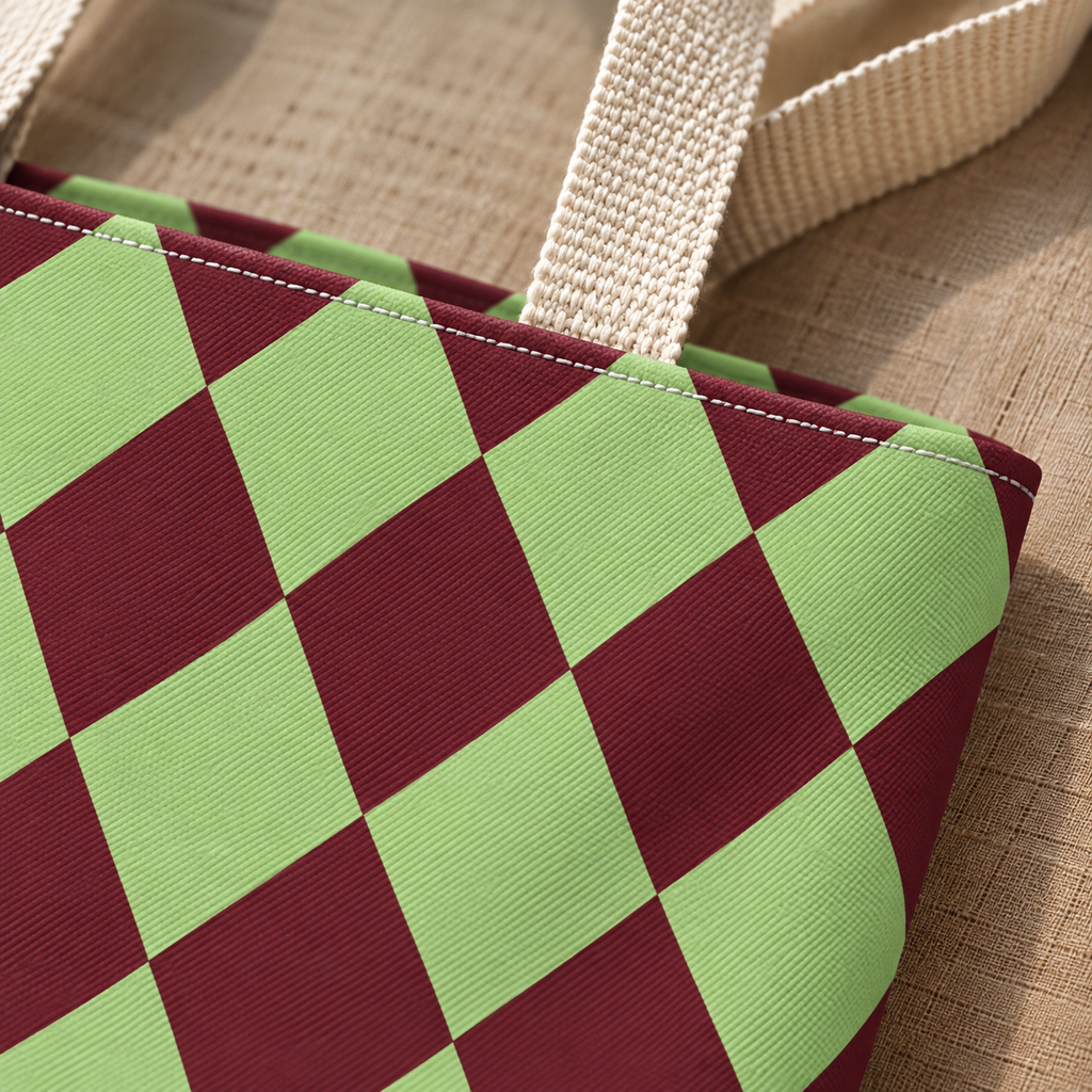 Close-up of sage green and burgundy diamond checks next to the beige tote handle