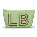 Sage green personalized makeup bag with burgundy outlined LB initials and gold zipper pull on a white background
