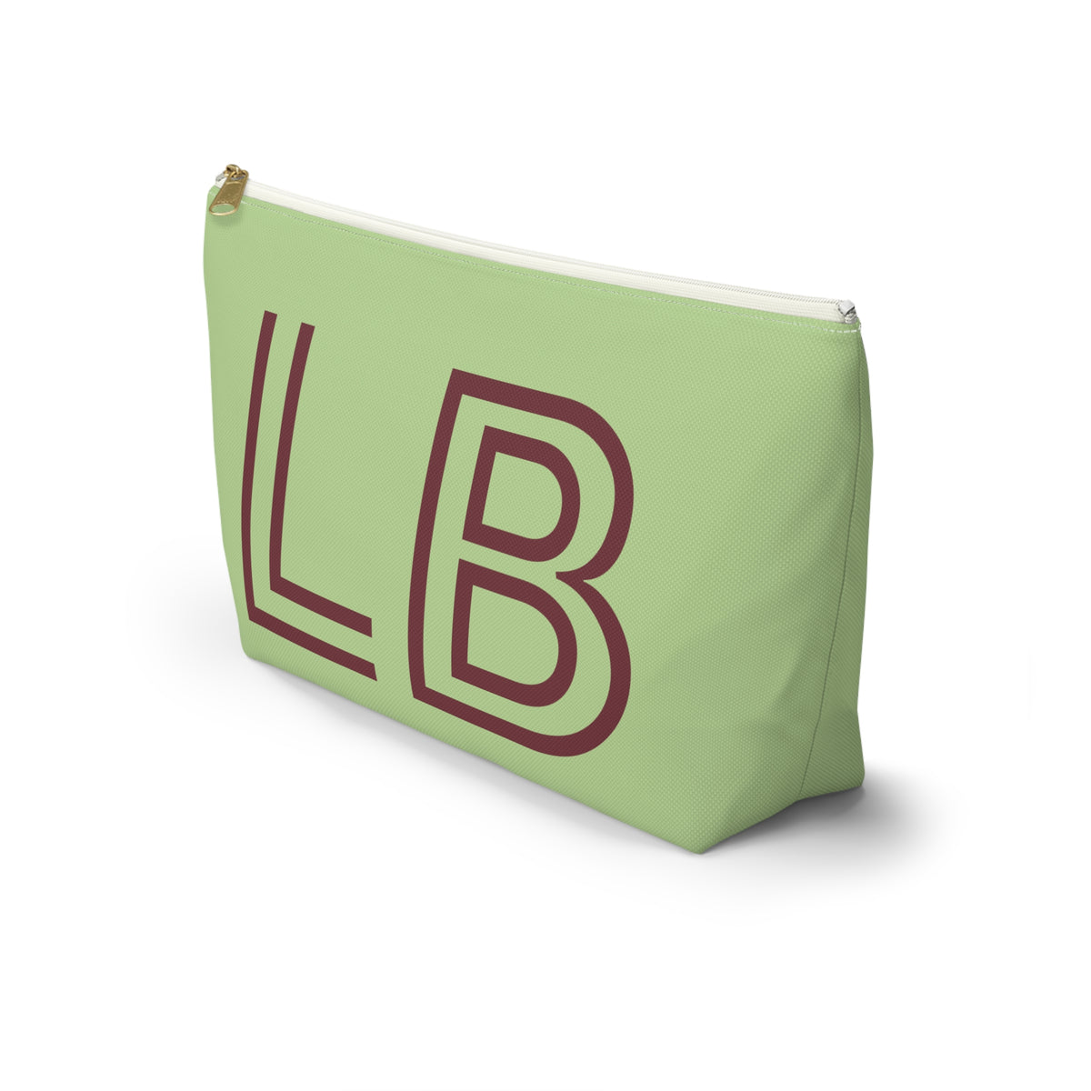 Side view of the green burgundy personalized makeup bag with outlined initials