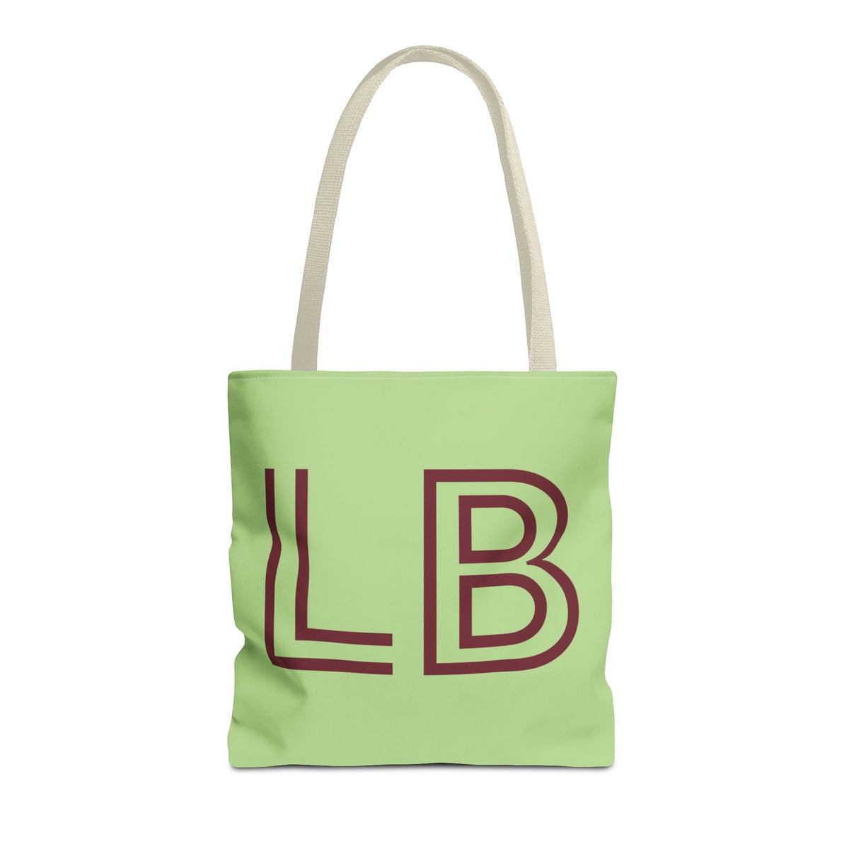 Sage green personalized tote bag with burgundy outlined LB initials and cream handles on a white background