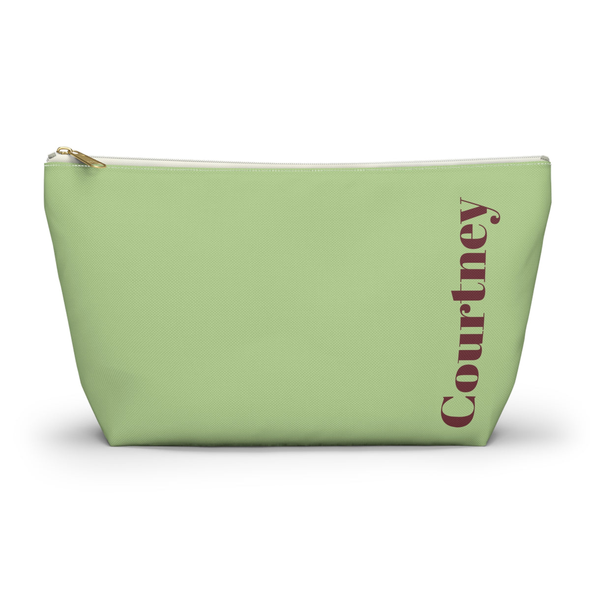 Green Burgundy Name personalized makeup bag front view with T-bottom