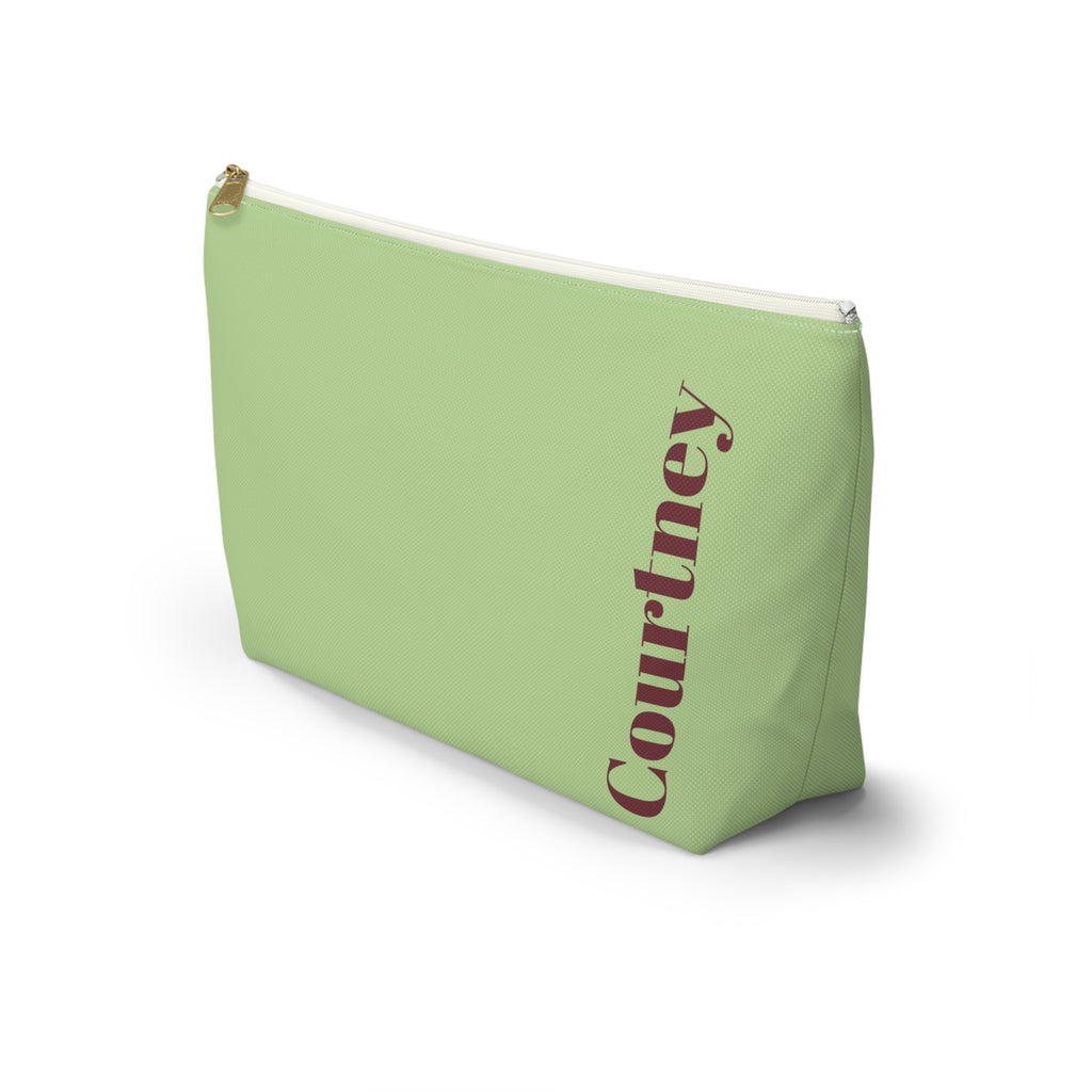 Side view of the Green Burgundy Name personalized makeup bag