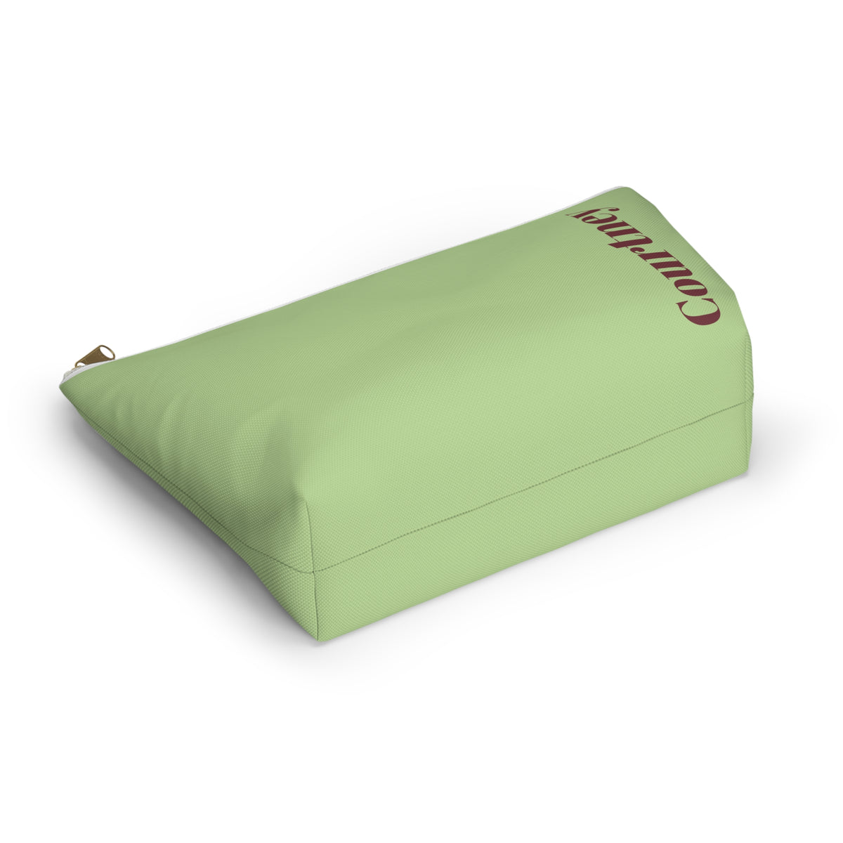 Green Burgundy Name personalized makeup bag shown at an angle