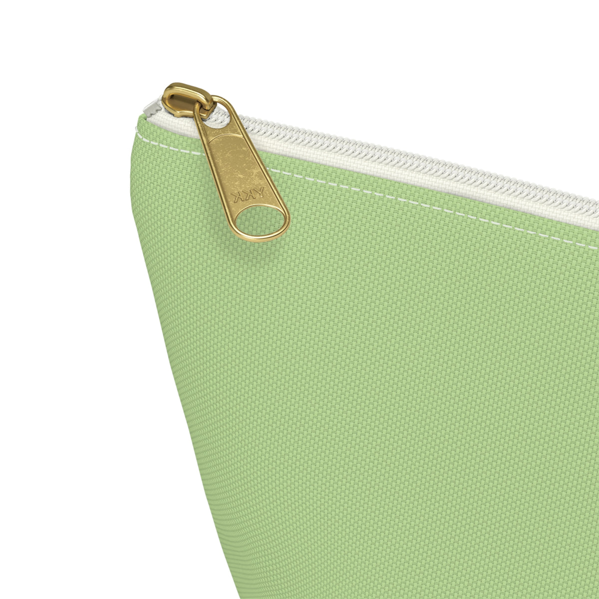 Close-up of the gold zipper pull on the Green Burgundy Name personalized makeup bag