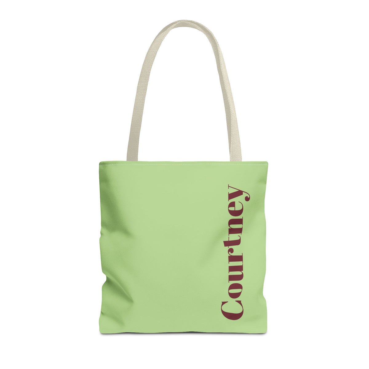 Green Burgundy Name personalized tote bag front view with cream handles