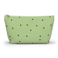 Green burgundy polka dot makeup bag with T-bottom, front view on white