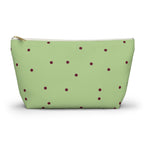 Green burgundy polka dot makeup bag with T-bottom, front view on white