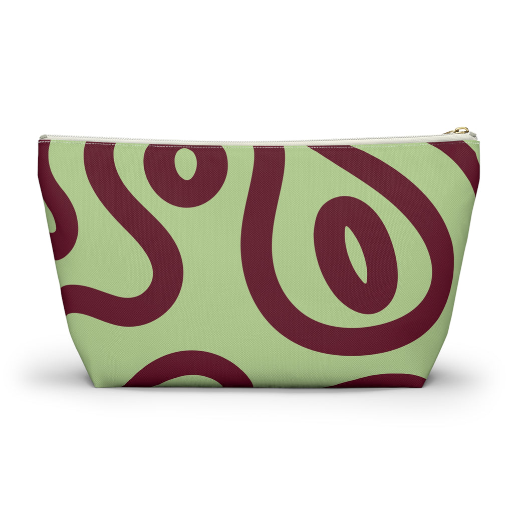 Side view of the green burgundy wavy line makeup bag with T-shaped bottom