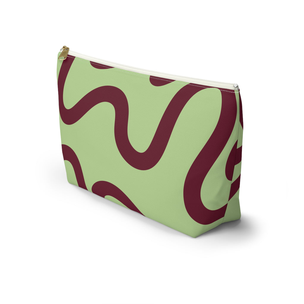 Other side of the green burgundy wavy line makeup bag on white background