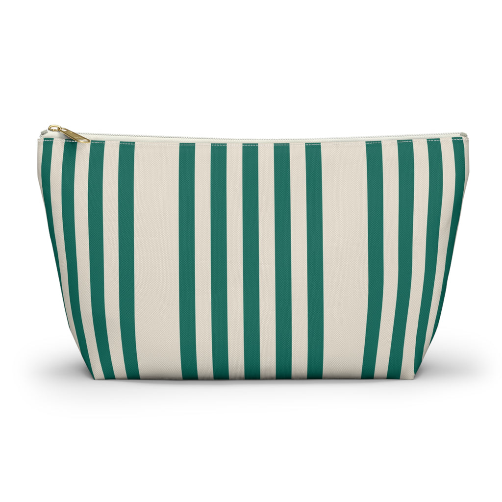 Green Cream Striped makeup bag with T-bottom and gold zipper pull, front view