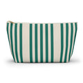Green Cream Striped makeup bag with T-bottom and gold zipper pull, front view