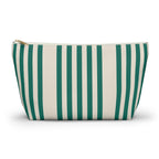 Green Cream Striped makeup bag with T-bottom and gold zipper pull, front view