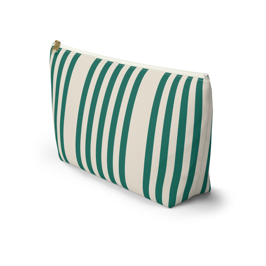 Side view of the Green Cream Striped makeup bag