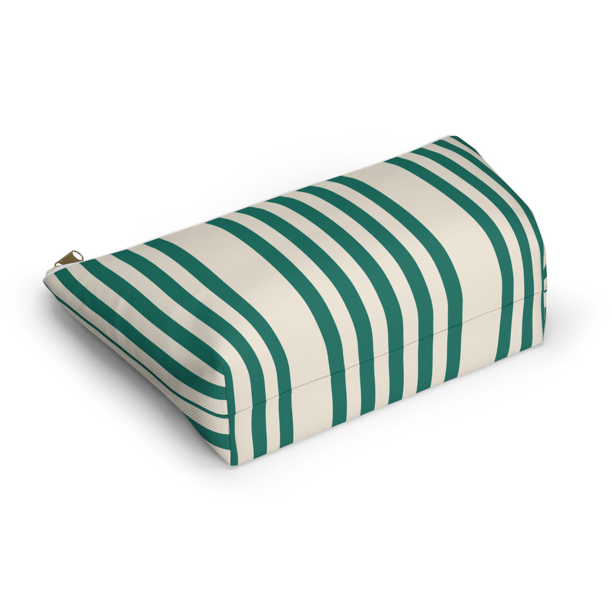 Angled view of the striped makeup bag lying on its side