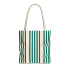 Green Cream Striped tote bag with beige handles, front view on white