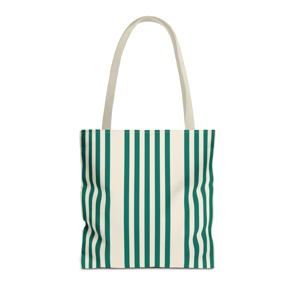 Green Cream Striped tote bag with beige handles, front view on white