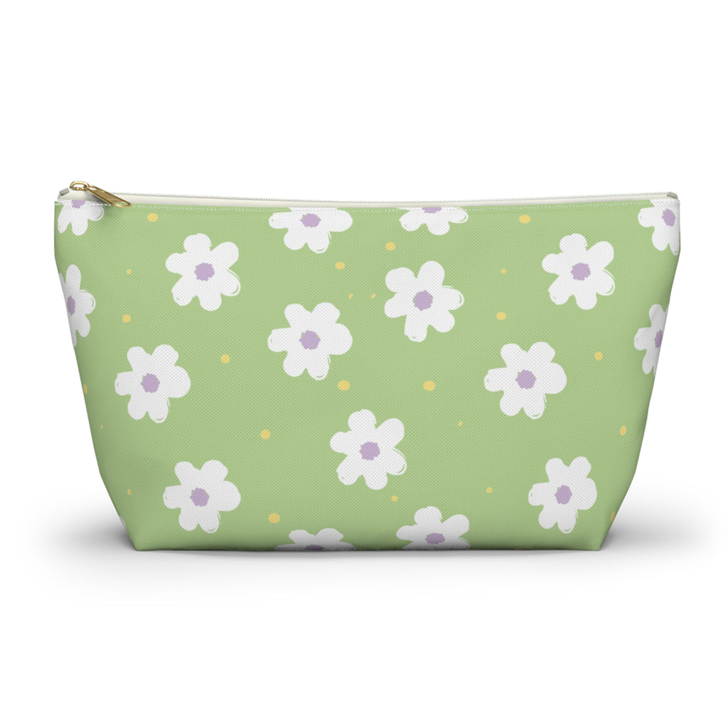 Green daisy floral makeup bag with gold zipper pull, front view on white background