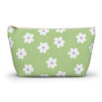 Green daisy floral makeup bag with gold zipper pull, front view on white background